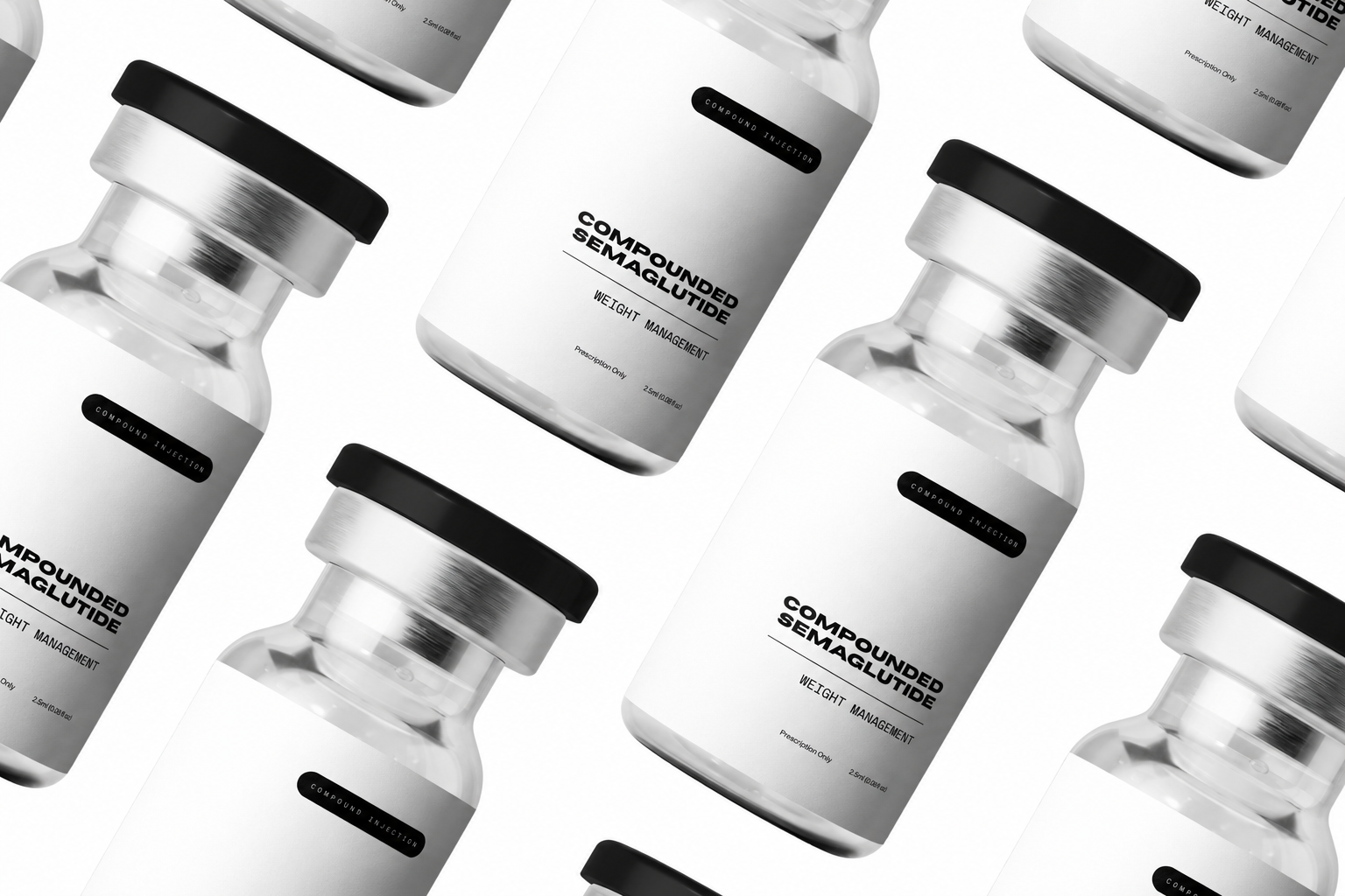 Multiple vials with black caps and text on a white background