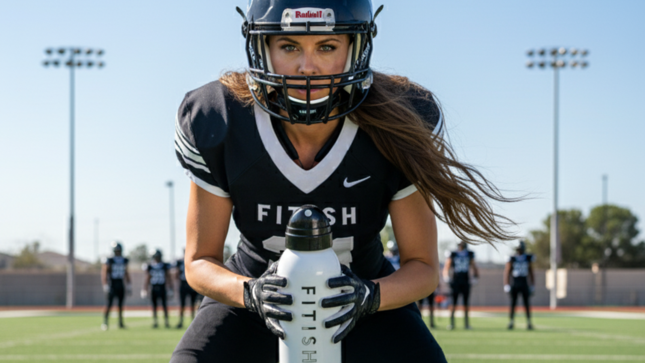 A woman in a black football uniform with “FITISH” across the chest kneels on a field holding a large Fitish-branded water bottle, looking confidently toward the camera while teammates stand in the background under bright stadium lights.