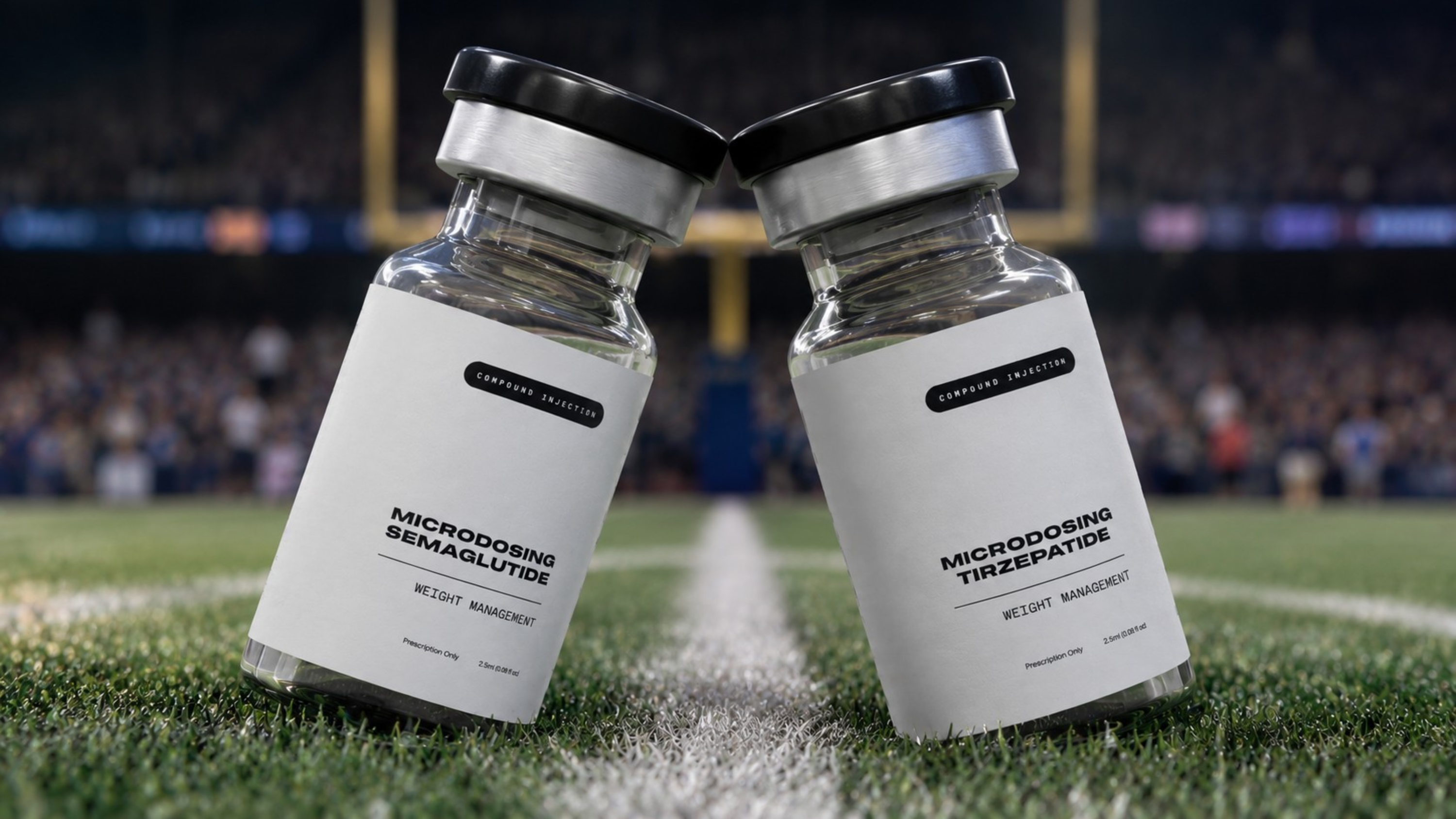 two medical vials head to head on a football field