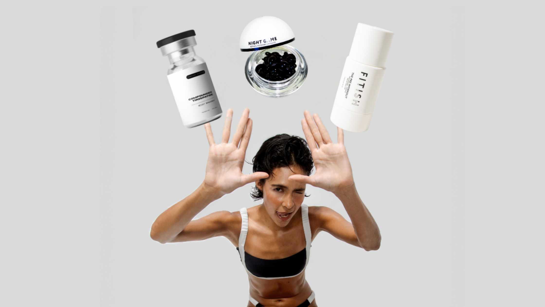 WOMAN SHOWING FLOATING SKINCARE AND MEDICAL VIAL PRODUCTS FLOATING ABOVE HER