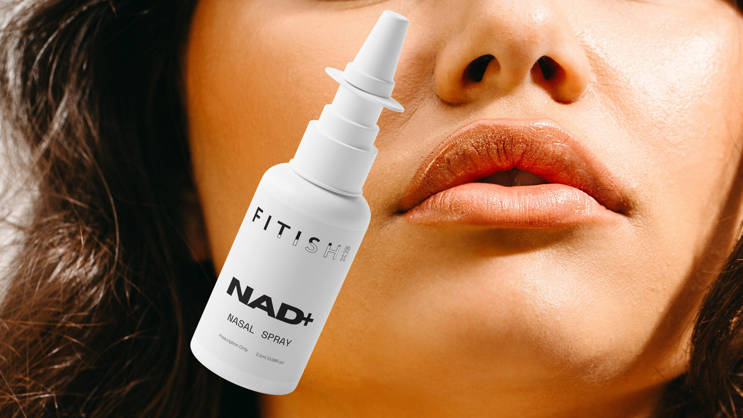 FitishRX NAD+ Nasal Spray product shown against a warm editorial close-up, highlighting prescription-only cellular wellness through telehealth