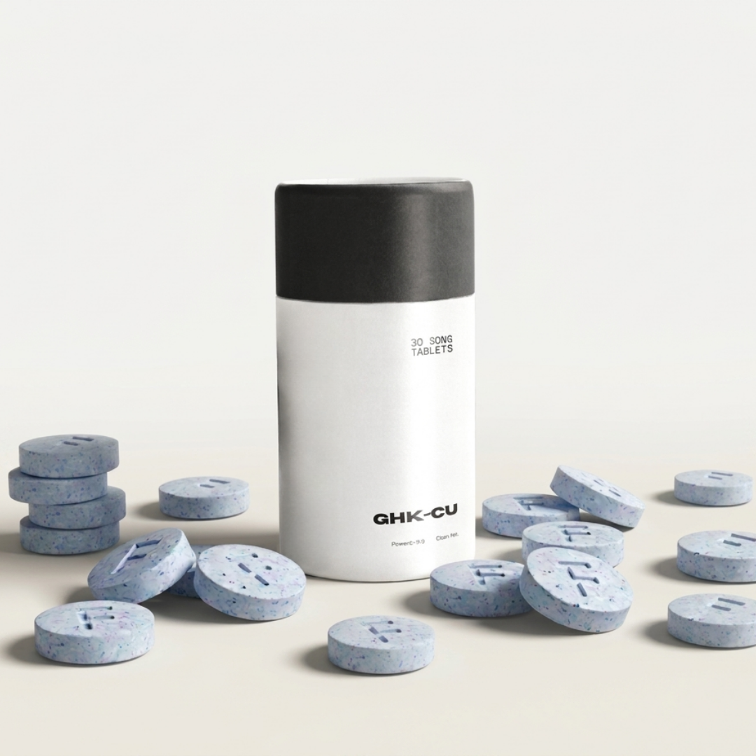 White container with black lid labeled &