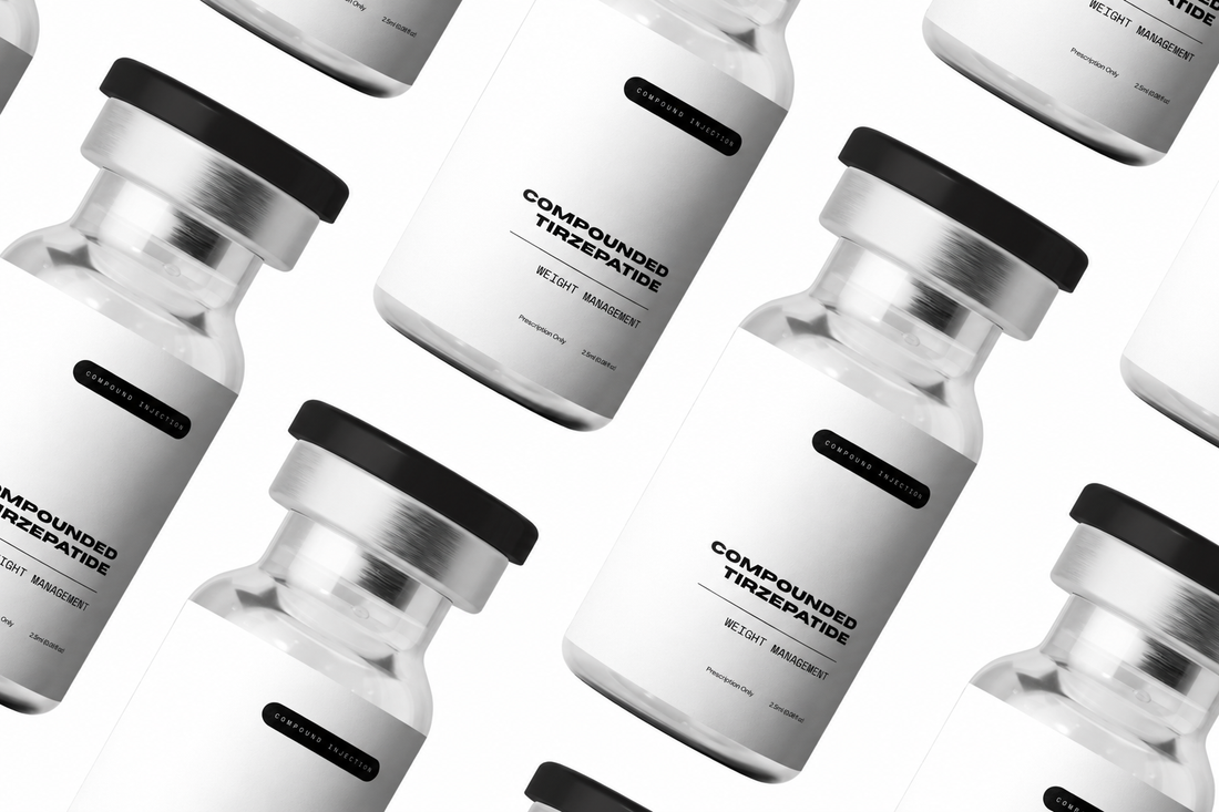 Multiple vials with black caps and text on a white background
