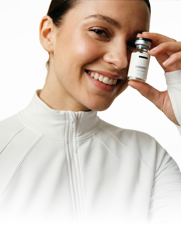 SMILING WOMAN HOLDNG MEDICAL VIAL ON WHITE BACKGROUND