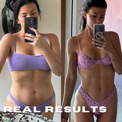 Side-by-side mirror selfies showing a woman in a bikini before and after a body transformation, with visible changes in body composition and the text “Real Results” overlaid at the bottom.