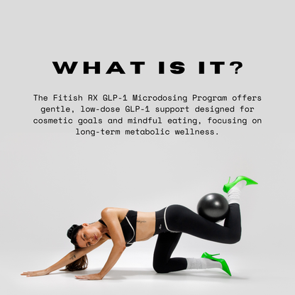 Fitish RX graphic with the heading “What Is It?” and text explaining the GLP-1 Microdosing Program, featuring a woman in black athletic wear performing a fitness pose with a stability ball against a light gray background.