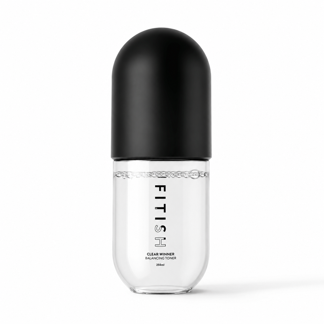 A clear cylindrical bottle with a black capsule-shaped cap, labeled FITISH Clear Winner Balancing Toner, on a clean white background.
