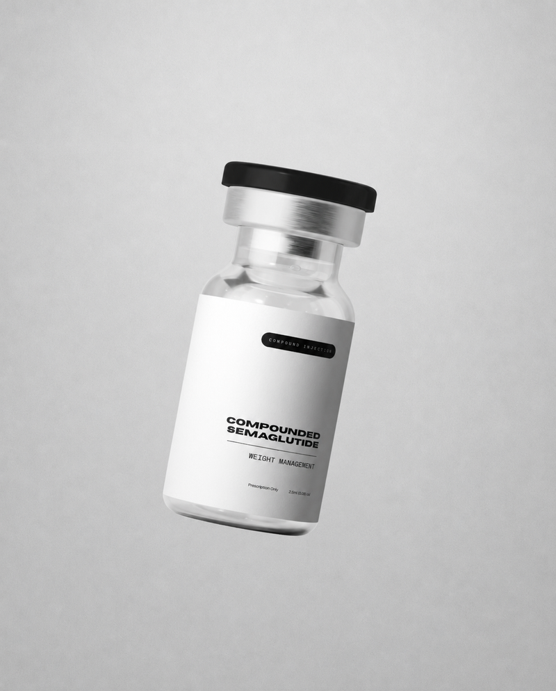 Vial labeled 'Compound Semaglutide' on a gray background