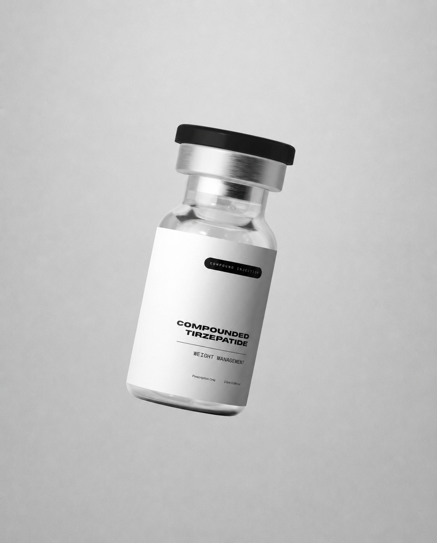 Vial with a label on a gray background