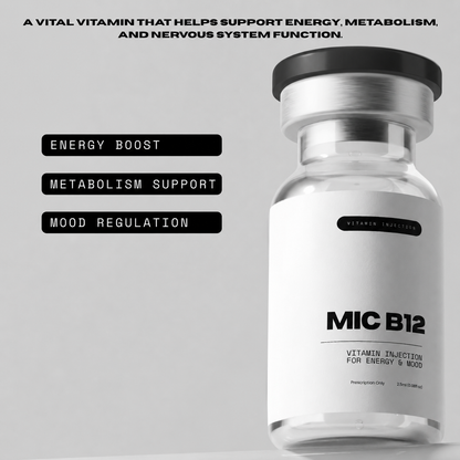 Vitamin B12 injection bottle with text on a gray background