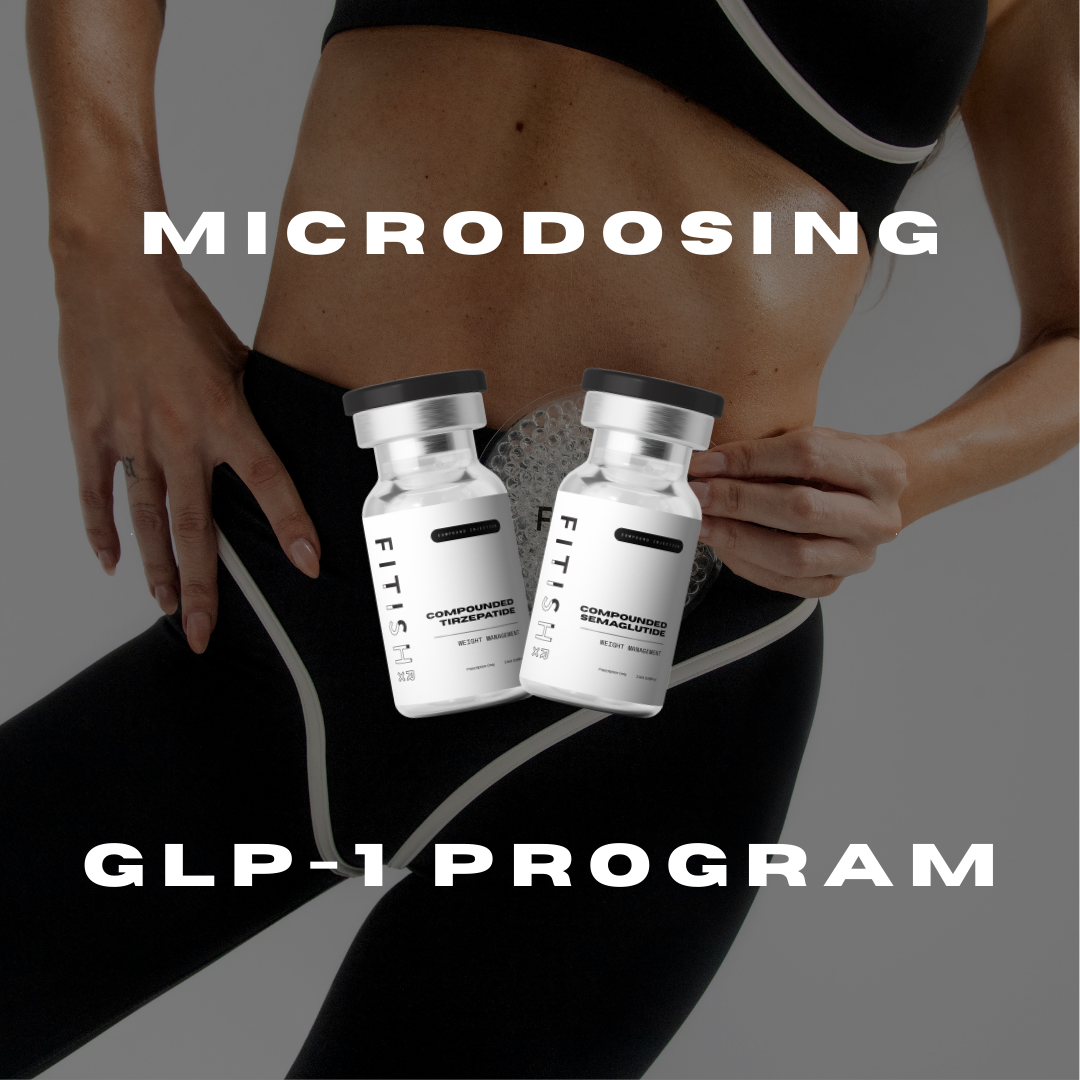 Fitish RX promotional image showing a person in black athletic wear with two GLP-1 medication vials overlaid at the waist and the text “Microdosing GLP-1 Program.”