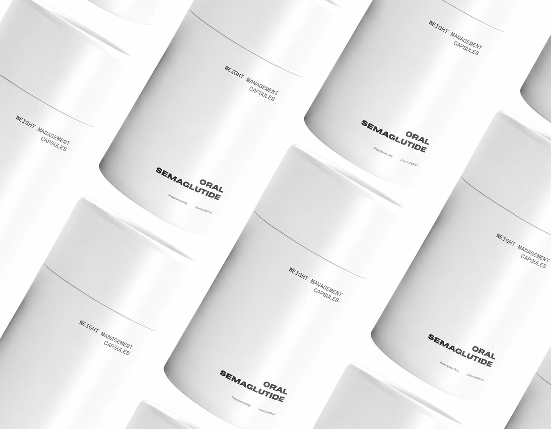 Multiple containers of Oral Semaglutide on a white background