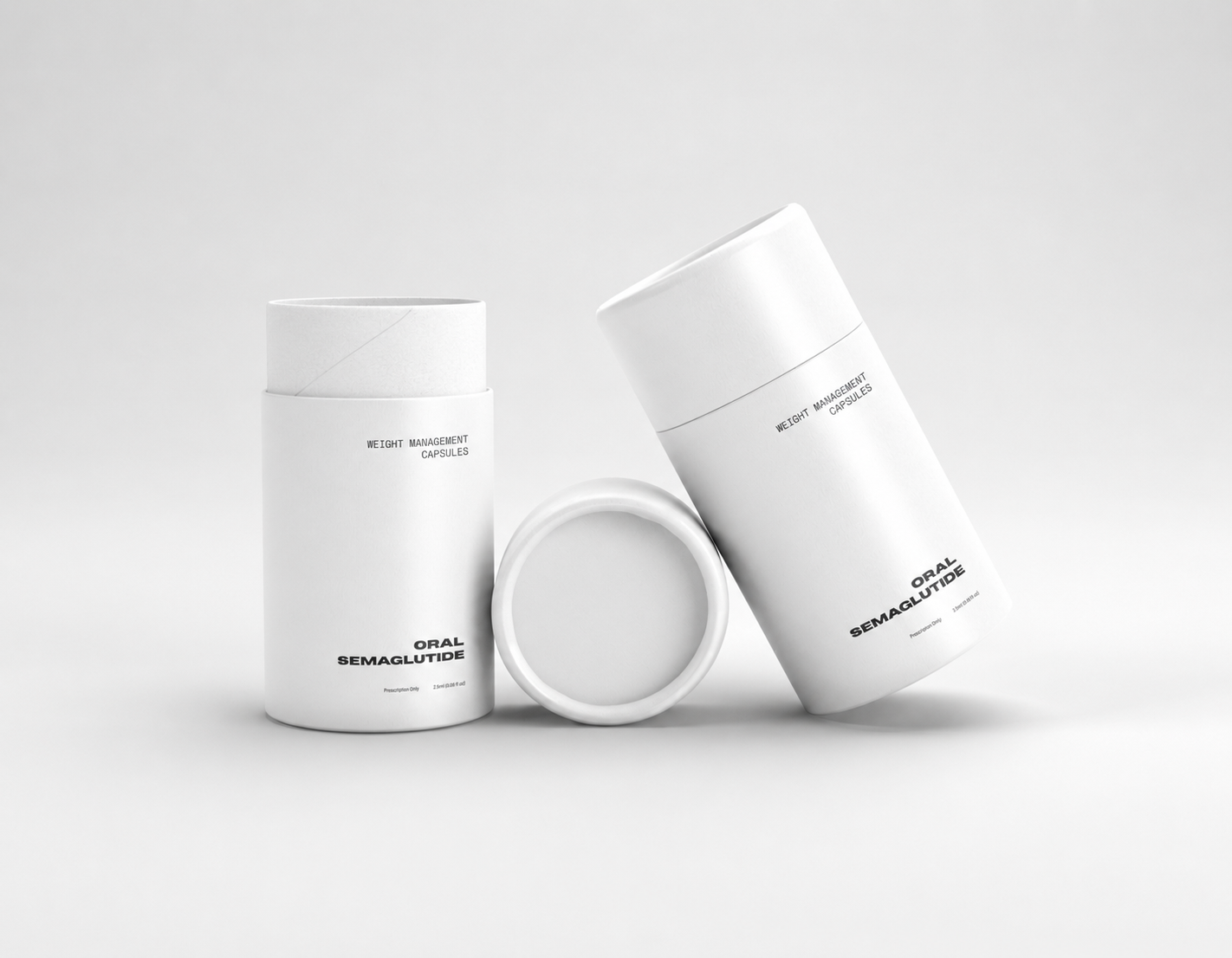Three white cylindrical containers with black text on a light gray background