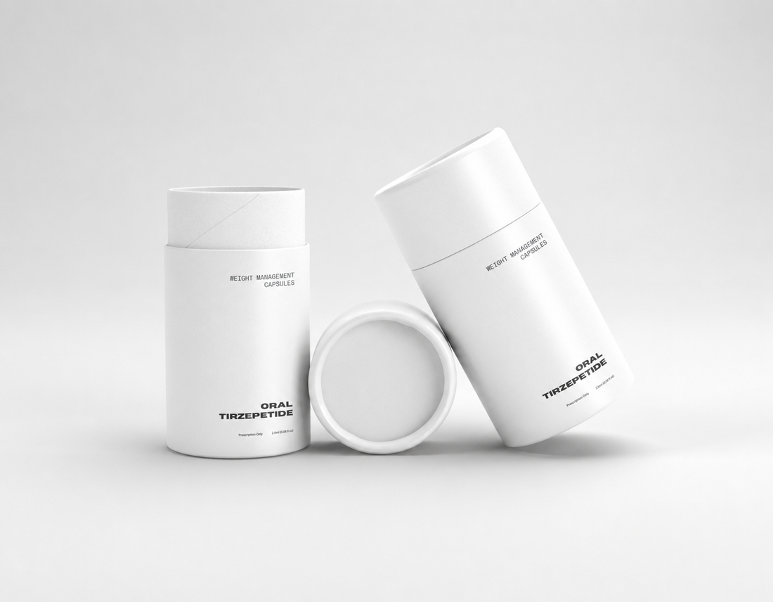 Three white cylindrical containers with black text on a light gray background