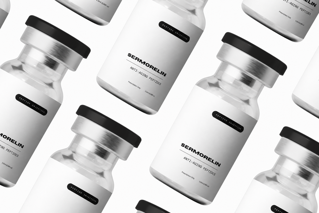 Sermorelin vials with black caps on a white background