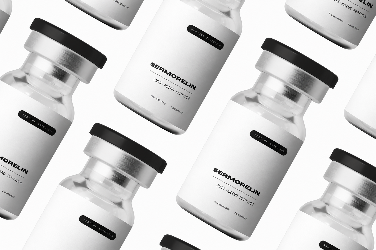 Sermorelin vials with black caps on a white background