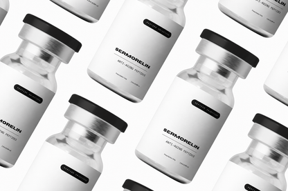 Sermorelin vials with black caps on a white background