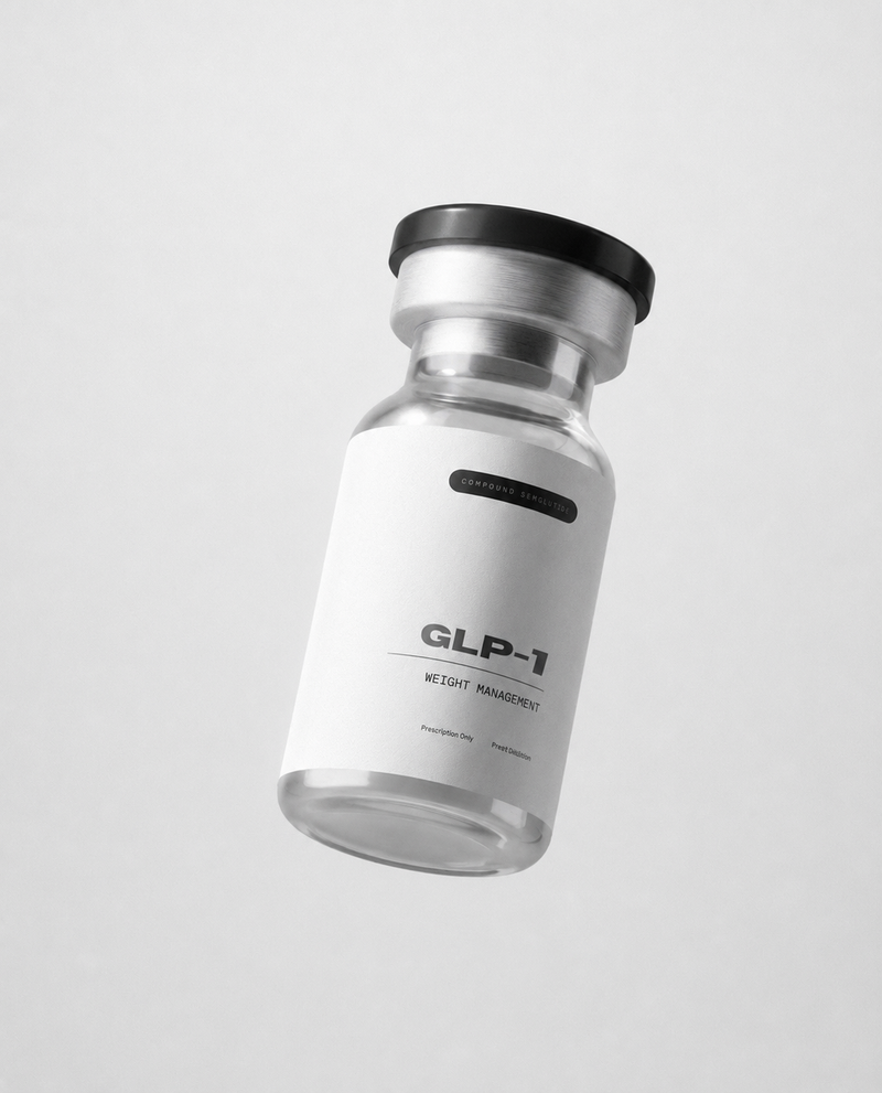 floating medical vial labeled GLP-1 on gray background